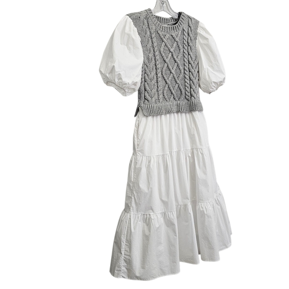 Anthropologie English Factory Wht/Gray Cable Knit Puff Sleeve Tier Ruffle Dress - Picture 7 of 17